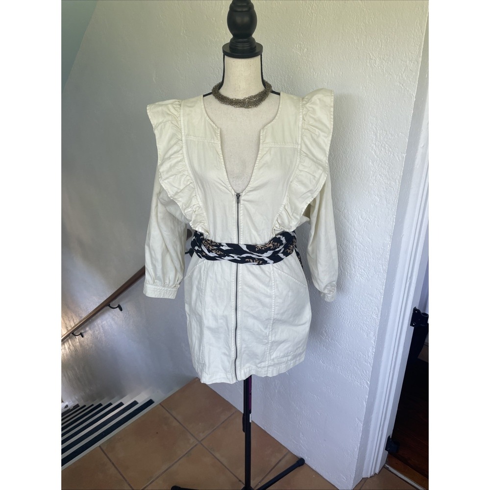 Free People Imogene Cream Denim Ruffle Mini Jacket Dress With Pockets Small - Picture 5 of 7